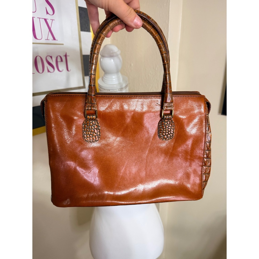 Brahmin Cognac Brown Leather Crocodile Embossed Satchel Handbag Zip Top Purse - Picture 3 of 6